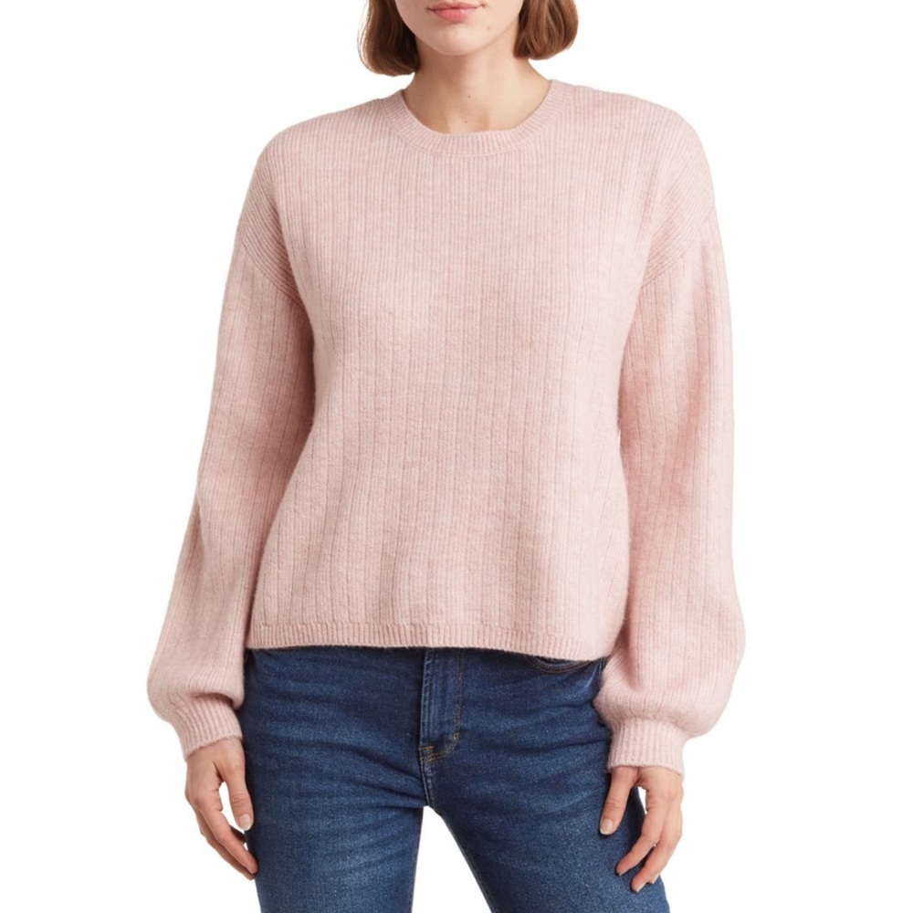 DKNY Cashmere Blend Sweater Rib Knit Pink Crewneck Puffy Sleeve NWT